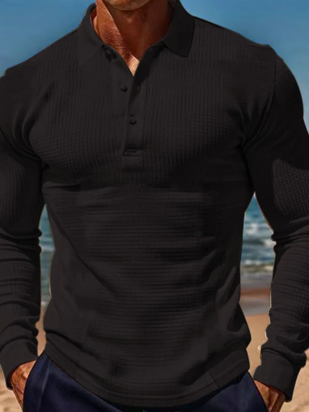 Men's Full Size Waffle-Knit Quarter Button Polo Plus Size