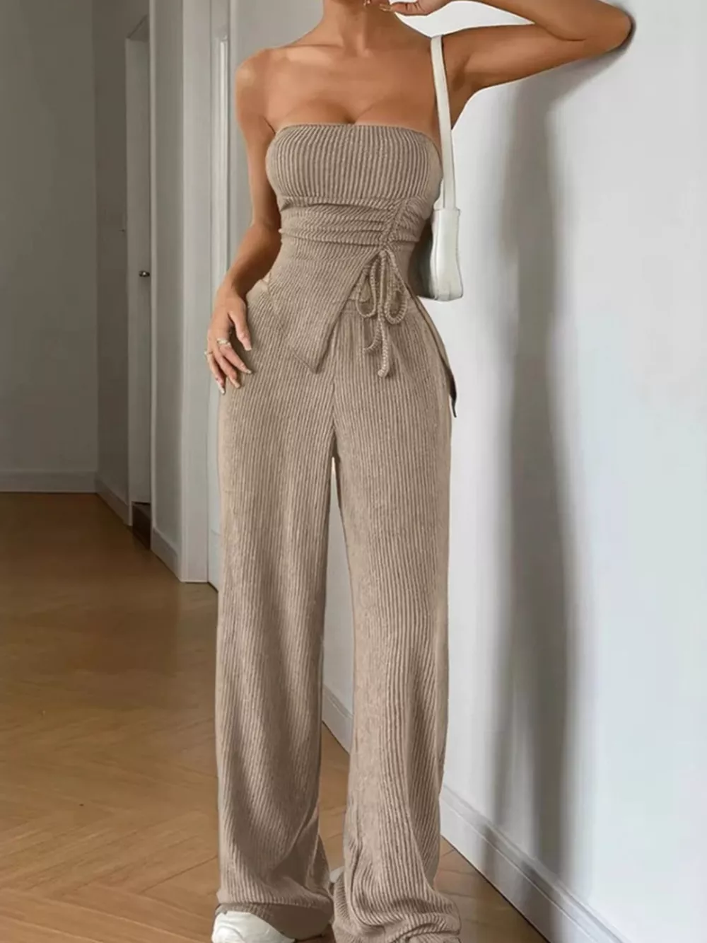 Ribbed Knit Tube Top and Wide Leg Pants Set, image 3