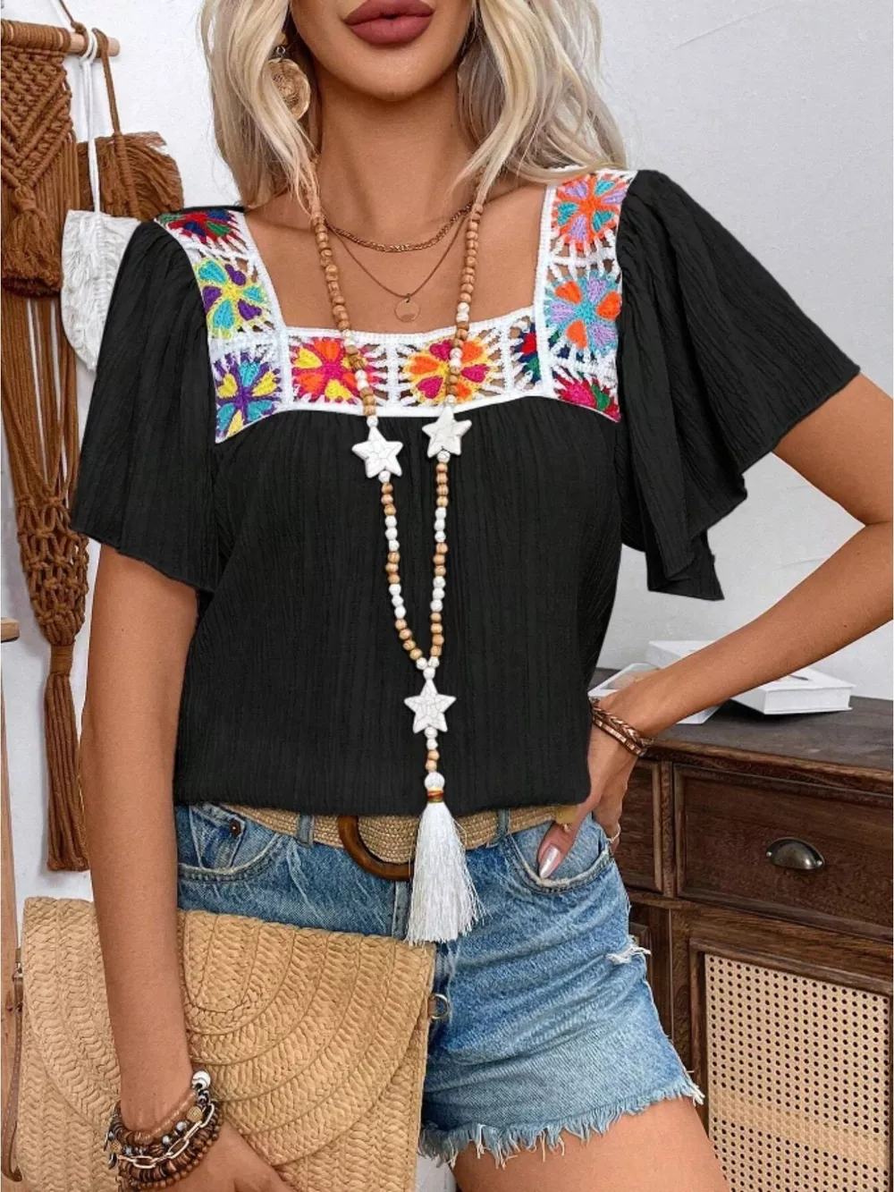 Embroidered Square Neck Flutter Sleeve Blouse, image 9