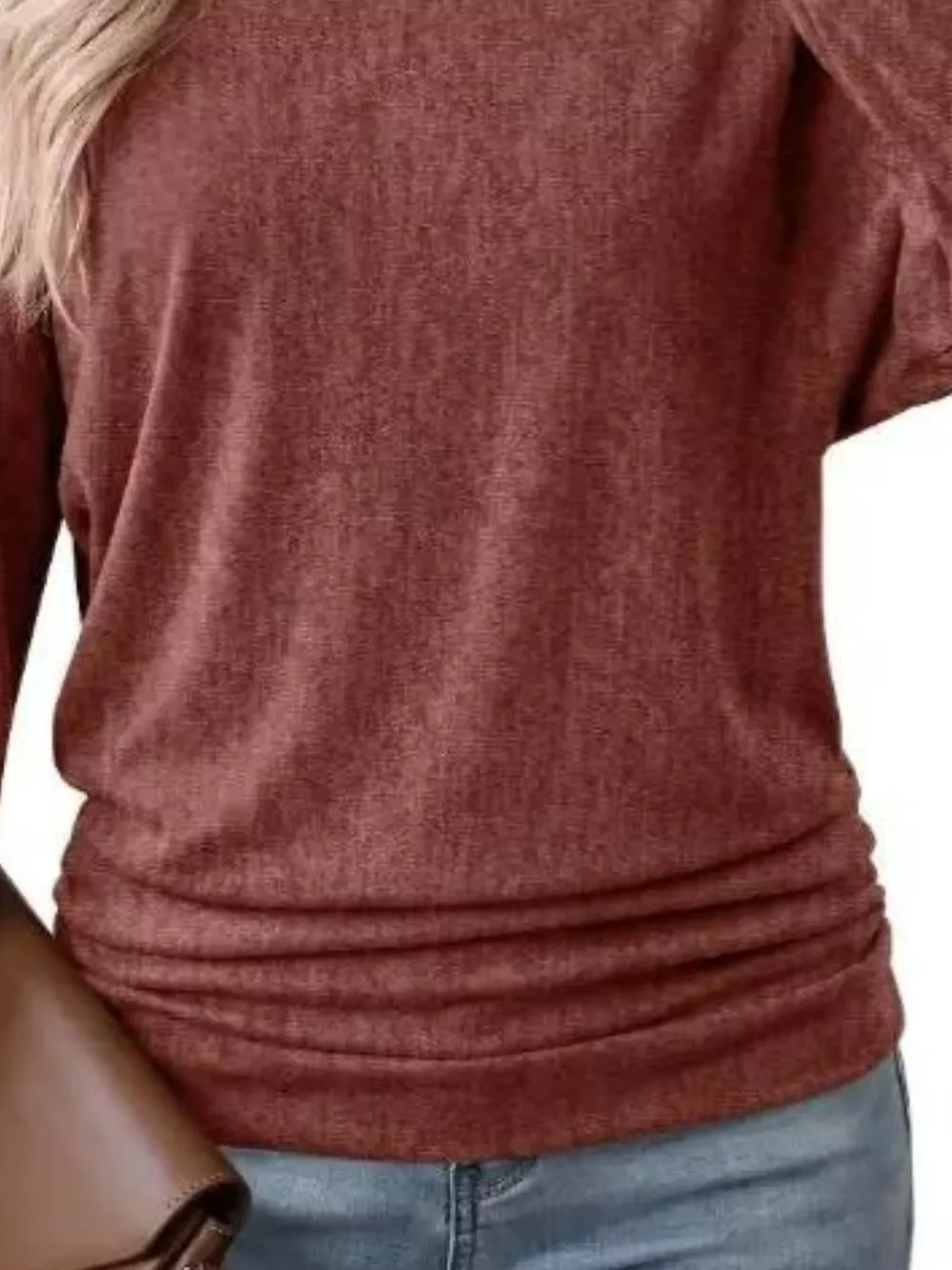 Long Sleeve Crew Neck Casual T-Shirt with Ruched Hem, image 16