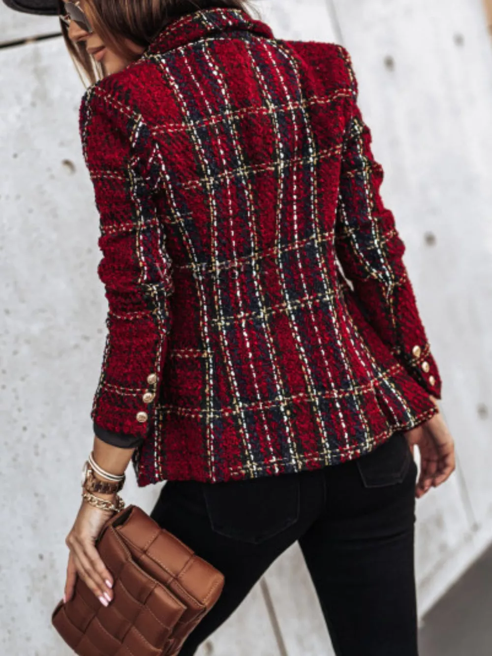 Full Size Plaid Tweed Double-Breasted Blazer Plus Size, image 3