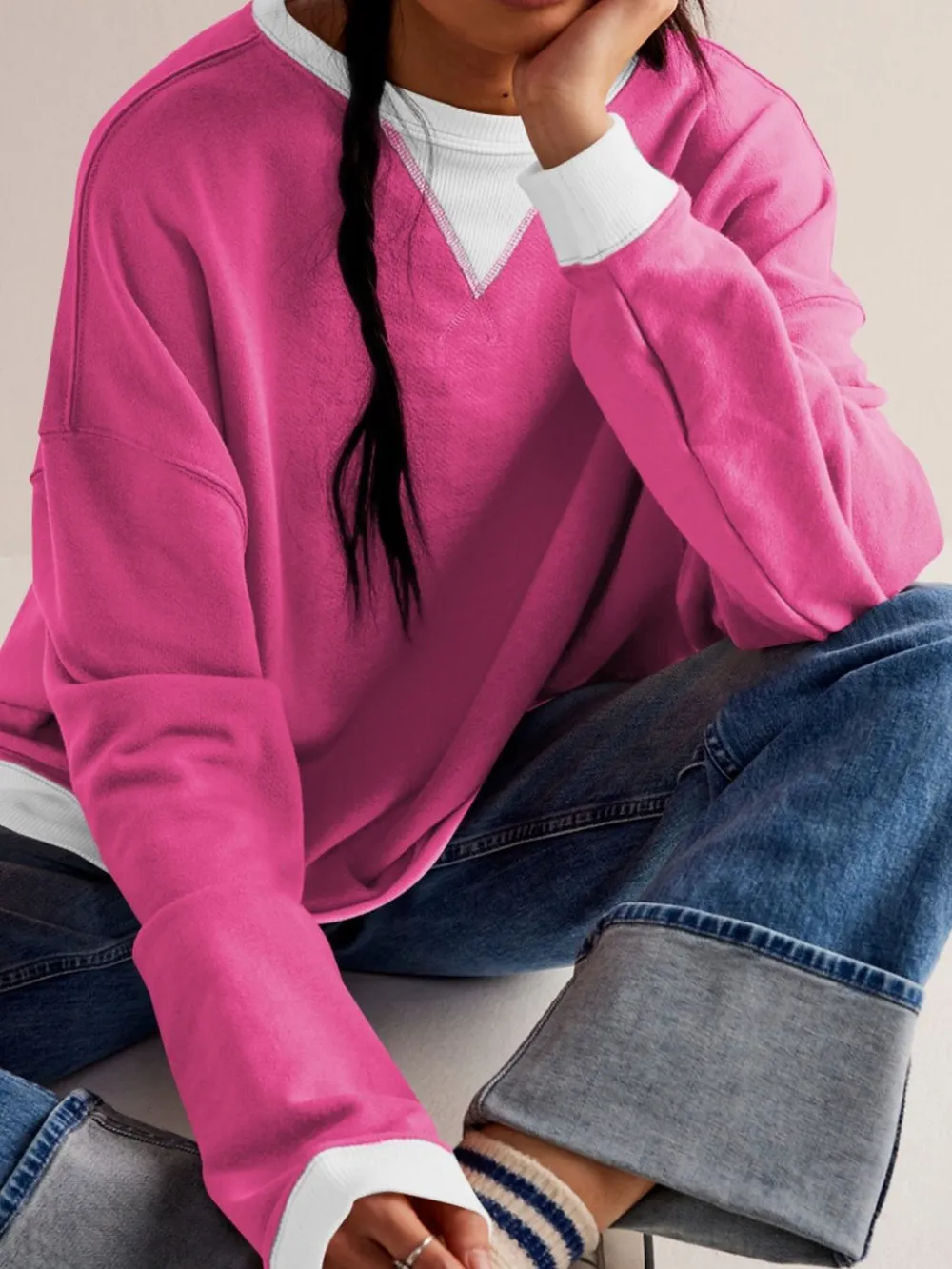 Contrast Dropped Shoulder Long Sleeve Sweatshirt, image 3