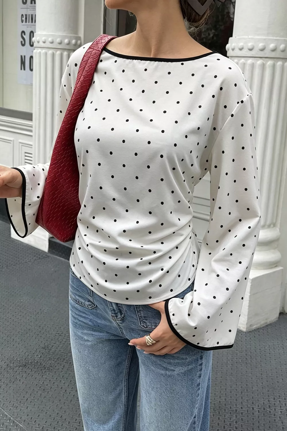 Polka Dot Flare Sleeve Blouse, image 2