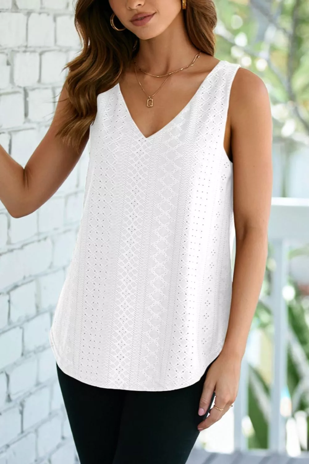 Eyelet Knit Patterned Loose V Neck Tank Top, image 6