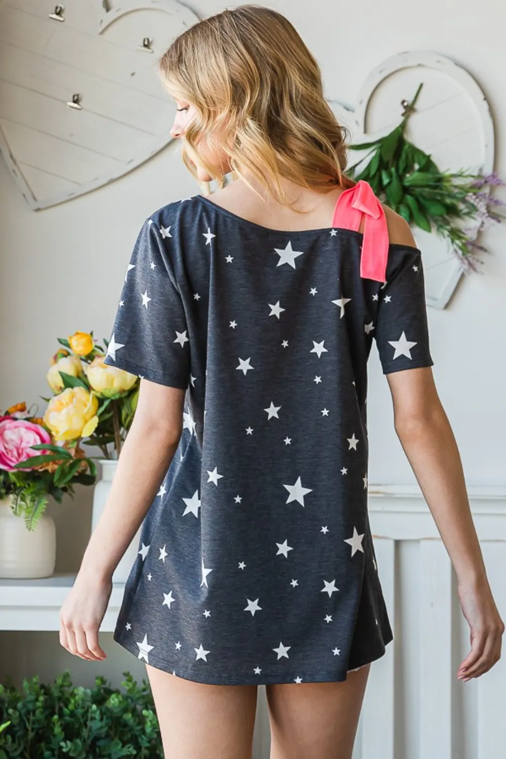 Full Size Star Print Asymmetrical Neck Short Sleeve Top, image 4