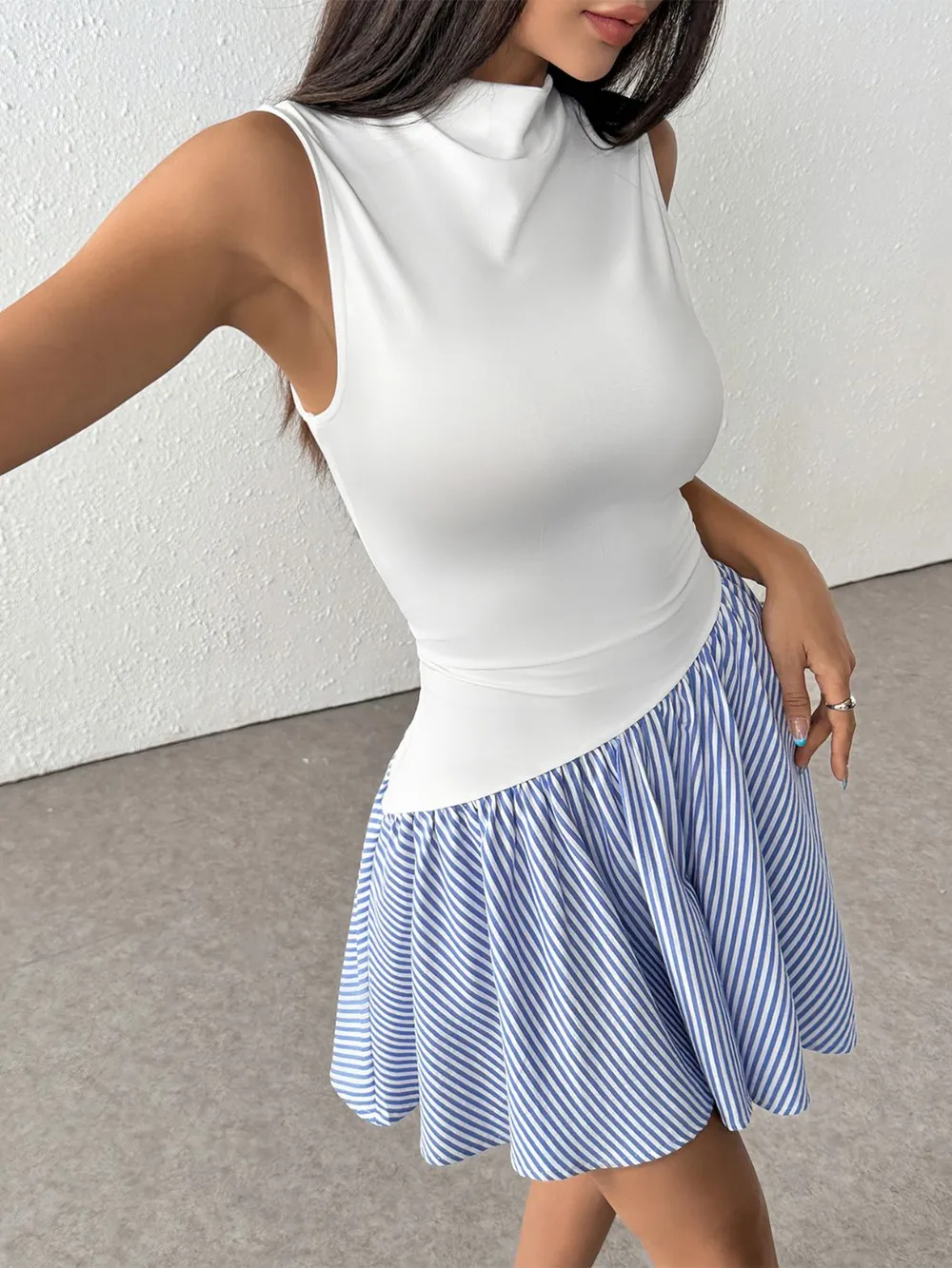 Striped Mock Neck Sleeveless Mini Tank Dress, image 2