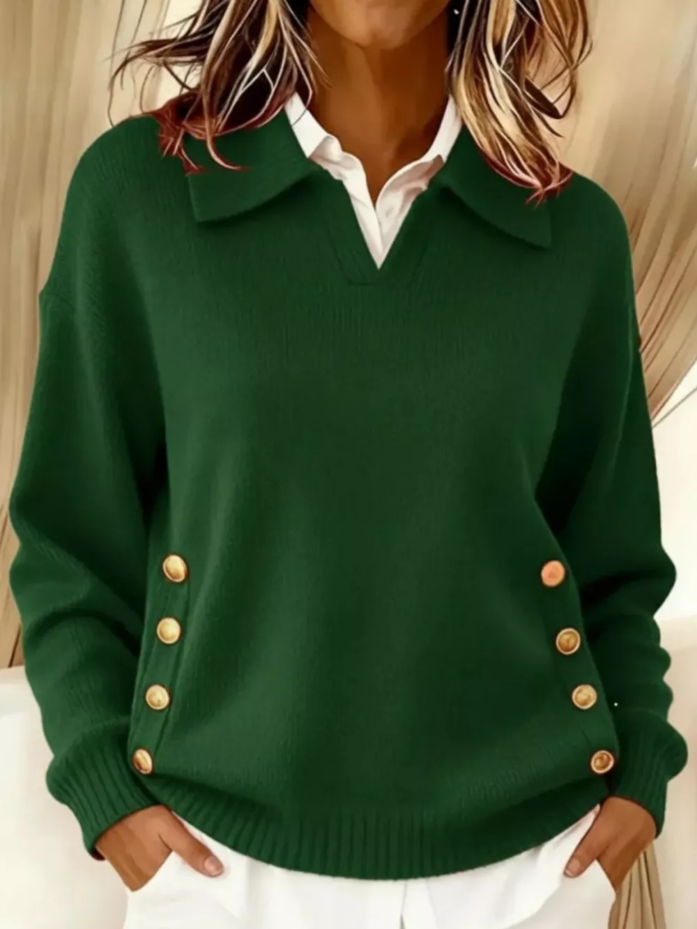 Full Size Decorative Button Dropped Shoulder Sweater Plus Size, image 19