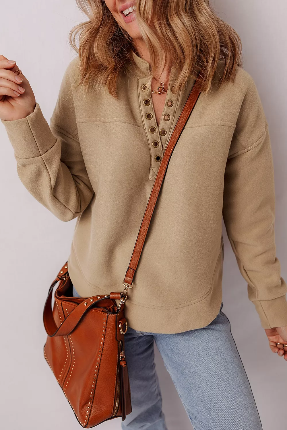 Eyelet Button Placket Dropped Shoulder Sweatshirt, image 4