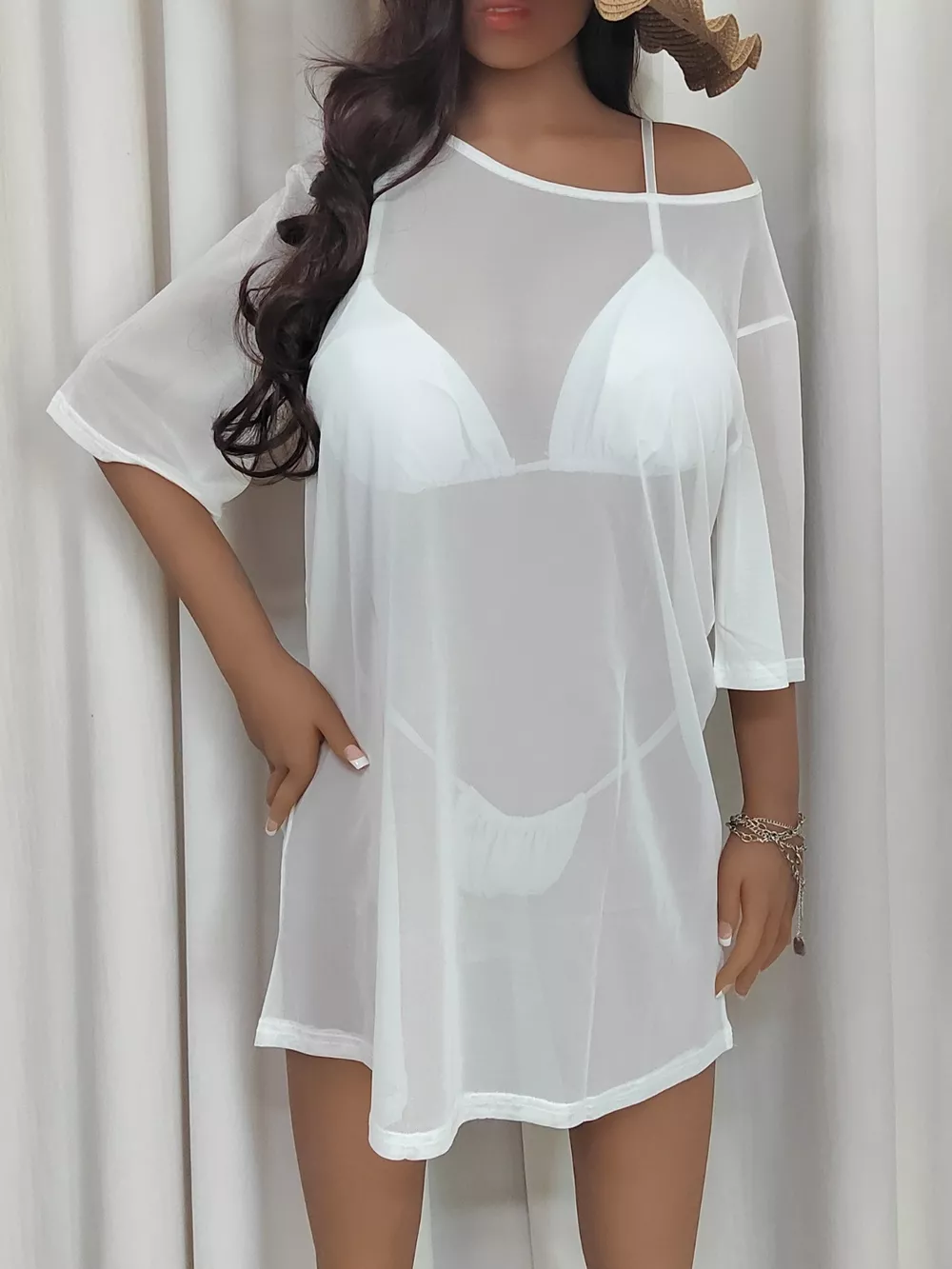 Mesh Boat Neck Half Sleeve Cover Up, image 4