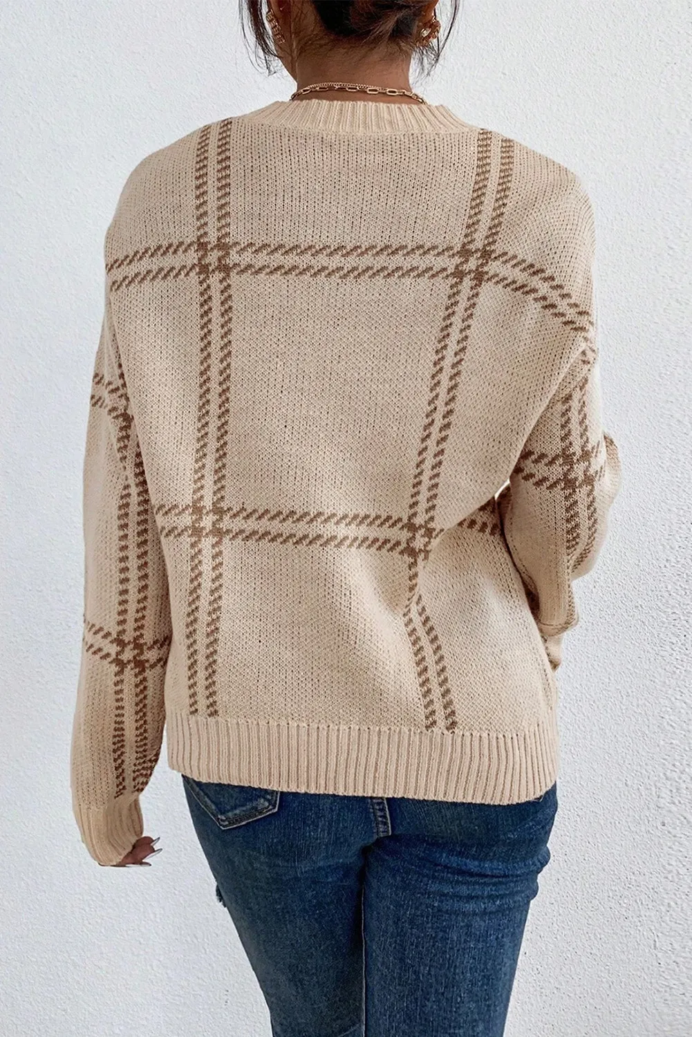 Plaid Round Neck Dropped Shoulder Sweater, image 2