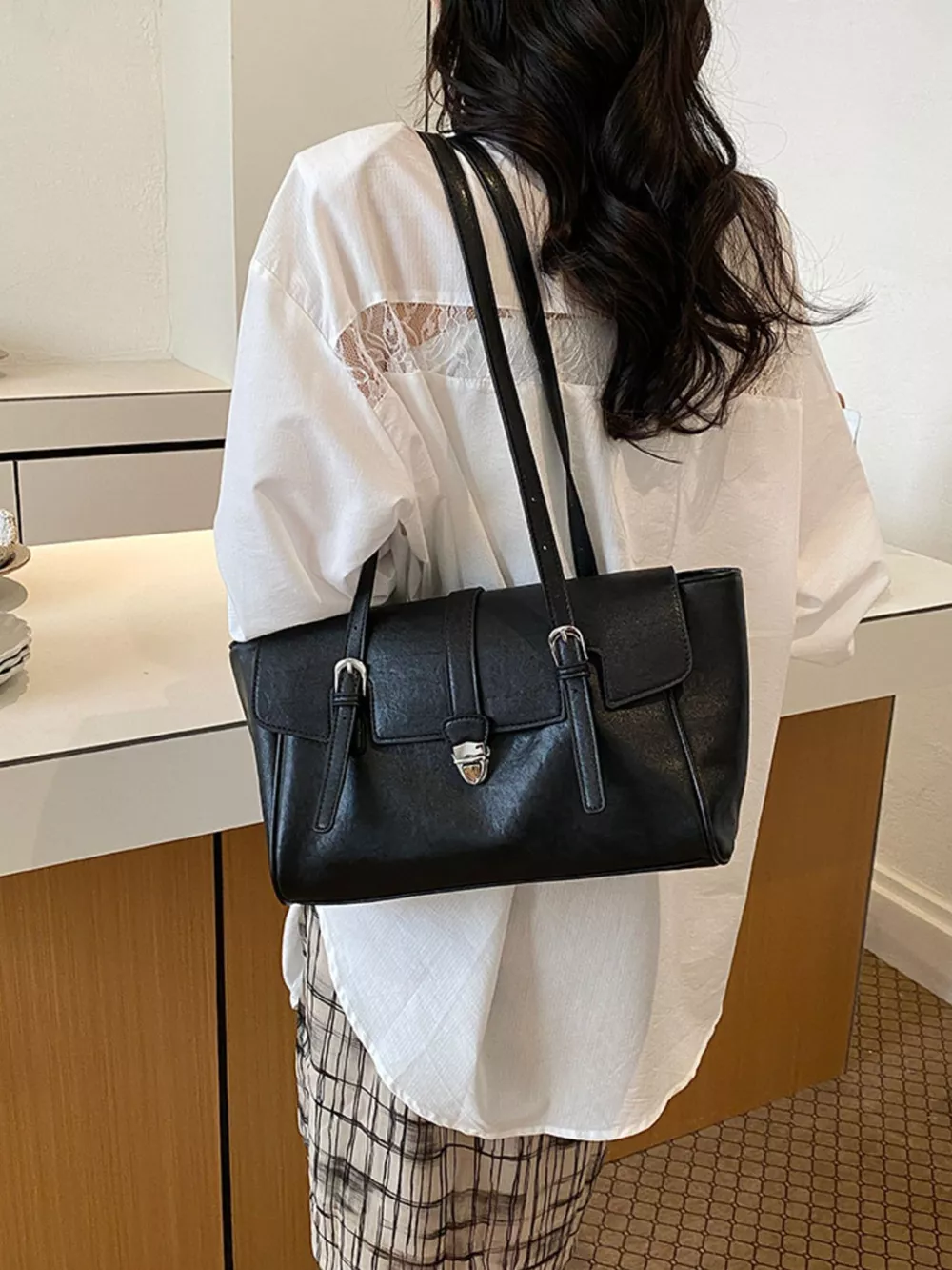 PU Leather Tote Bag with Buckle Detail, image 5