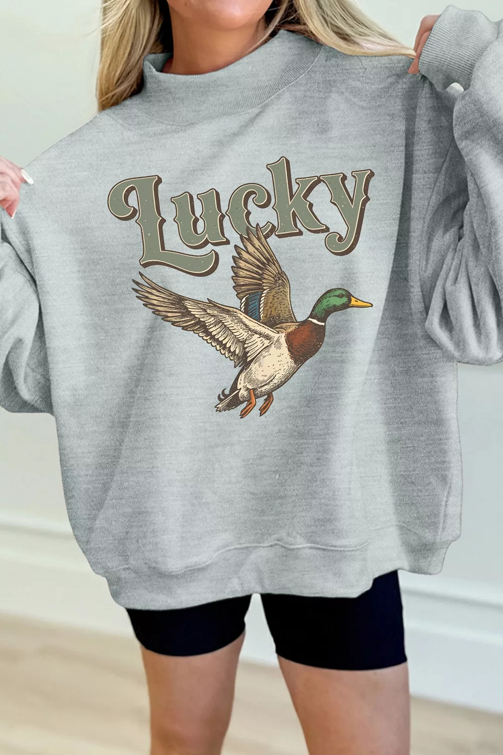 Lucky Mallard Graphic Mock Neck Casual Sweatshirt, image 2