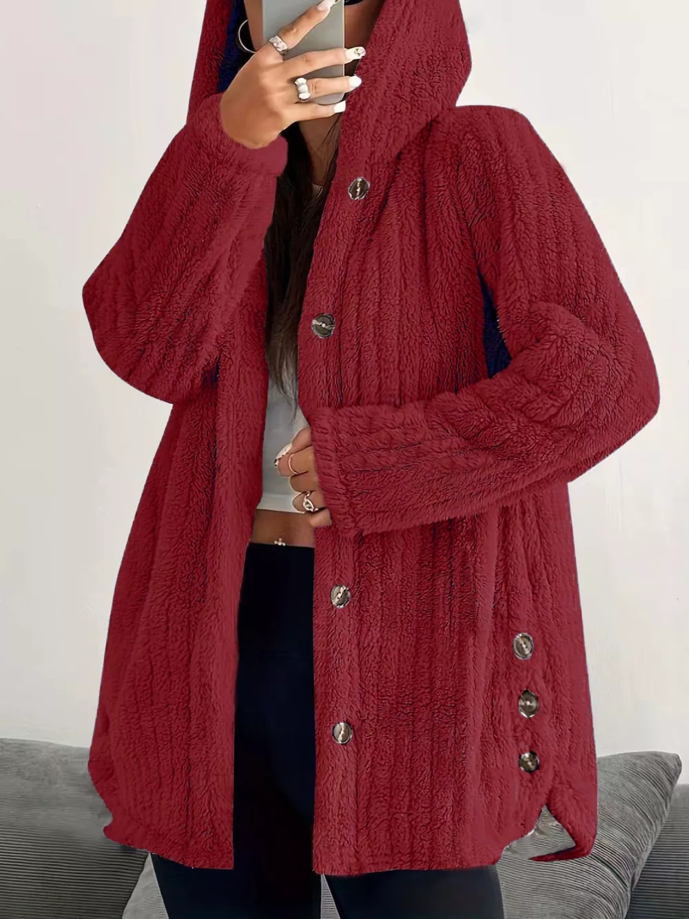 Full Size Fleece Button Up Hooded Outerwear Plus Size, image 20