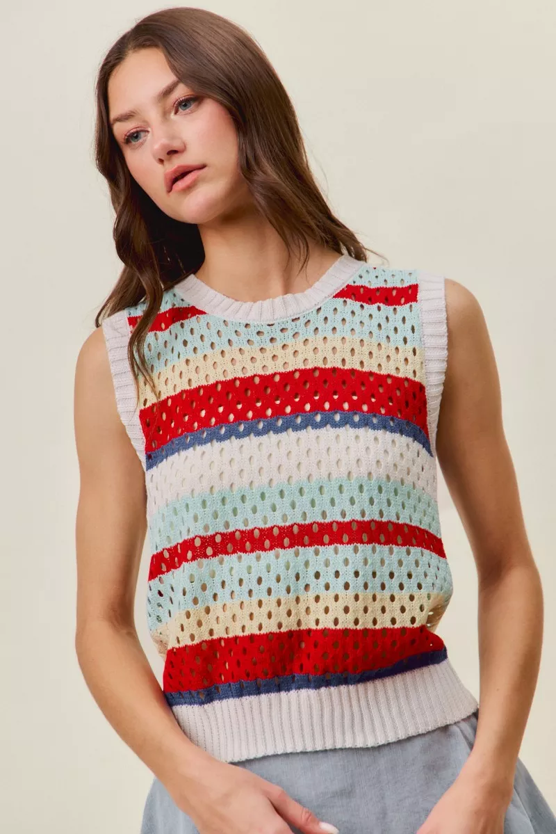 Tie Back Multi Stripe Sweater Knit Tank Top
