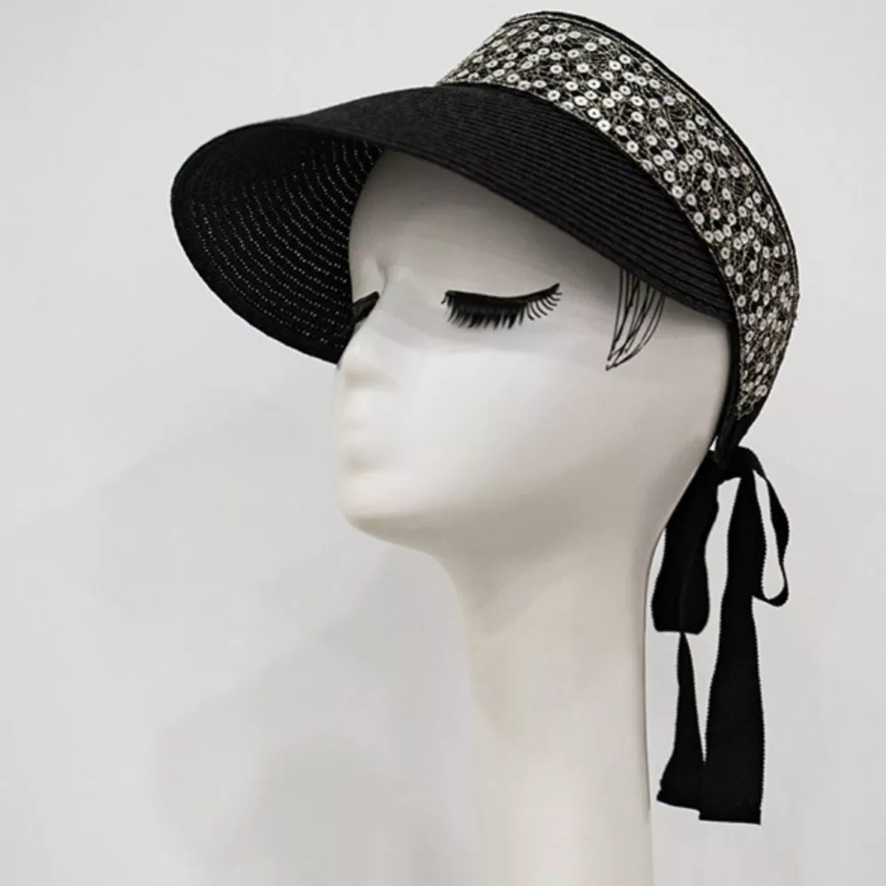 Sequined Visor Sun Hat with Ribbon Tie, image 2