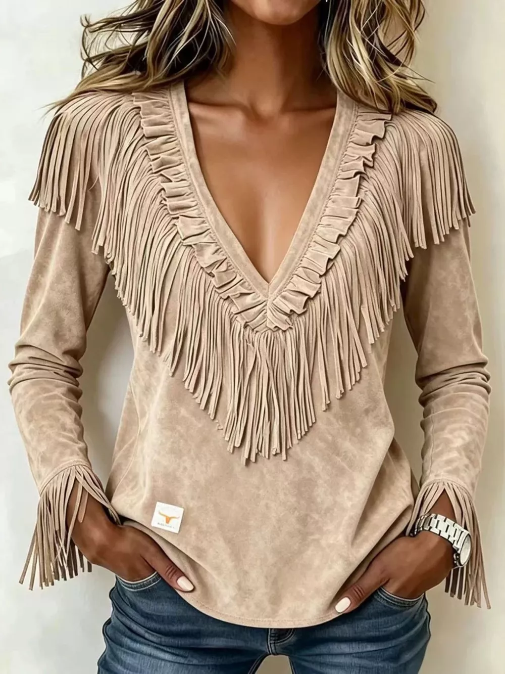 Fringed V-Neck Blouse, image 5