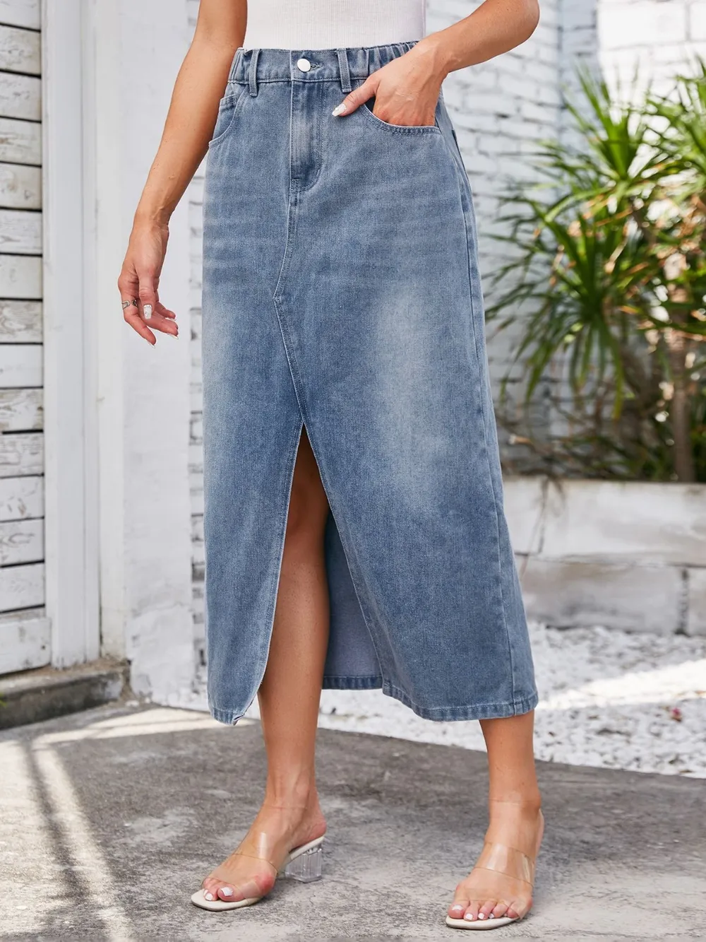 Slit Midi Denim Skirt with Pockets, image 2