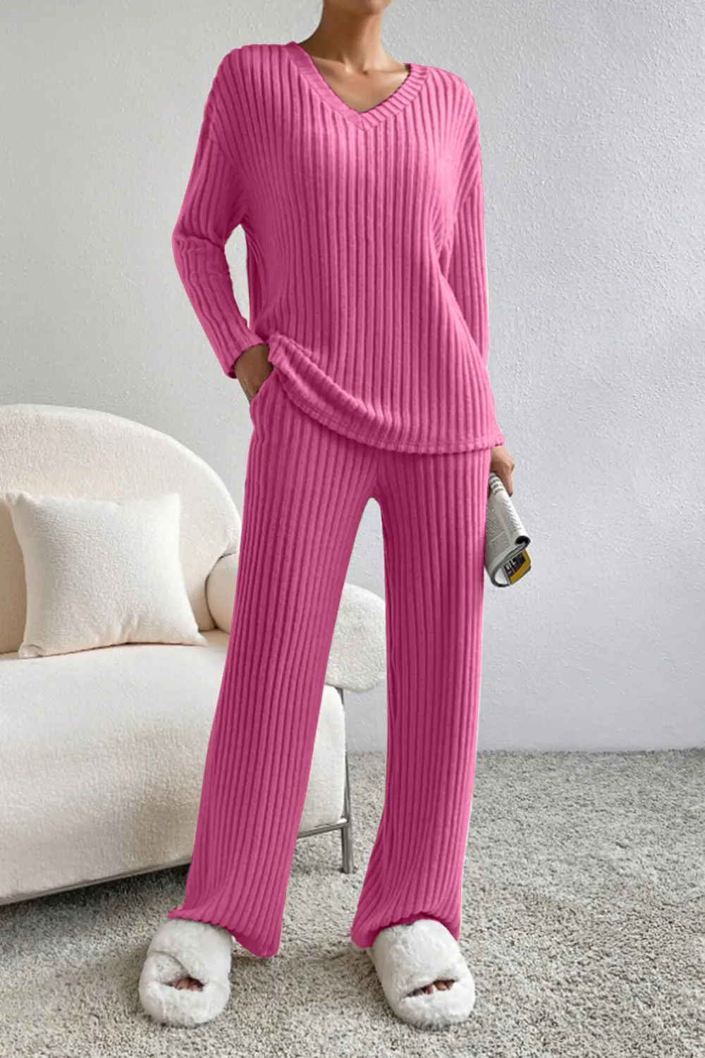 Ribbed V-Neck Top and Pants Set, image 20