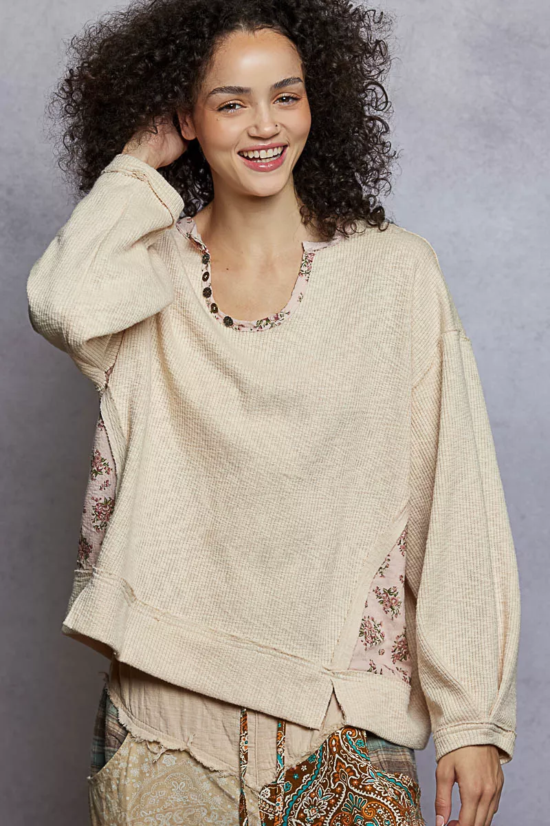 Balloon Sleeve Oversized Ribbed Top with Floral Pattern Contrast, image 2