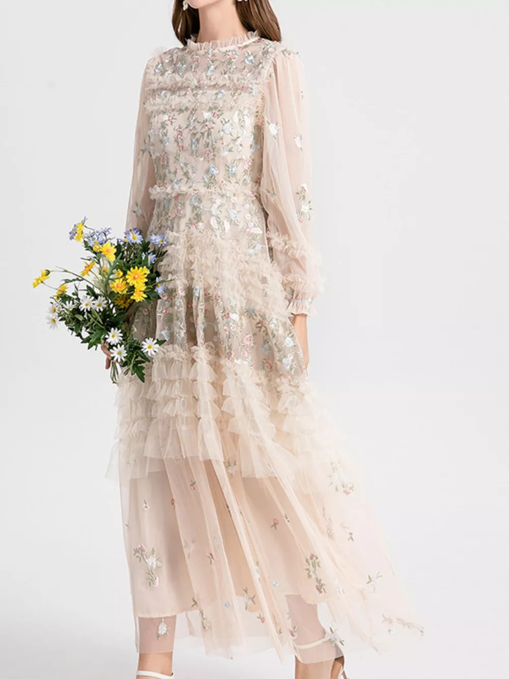 Floral Tulle Layered Maxi Dress, image 3