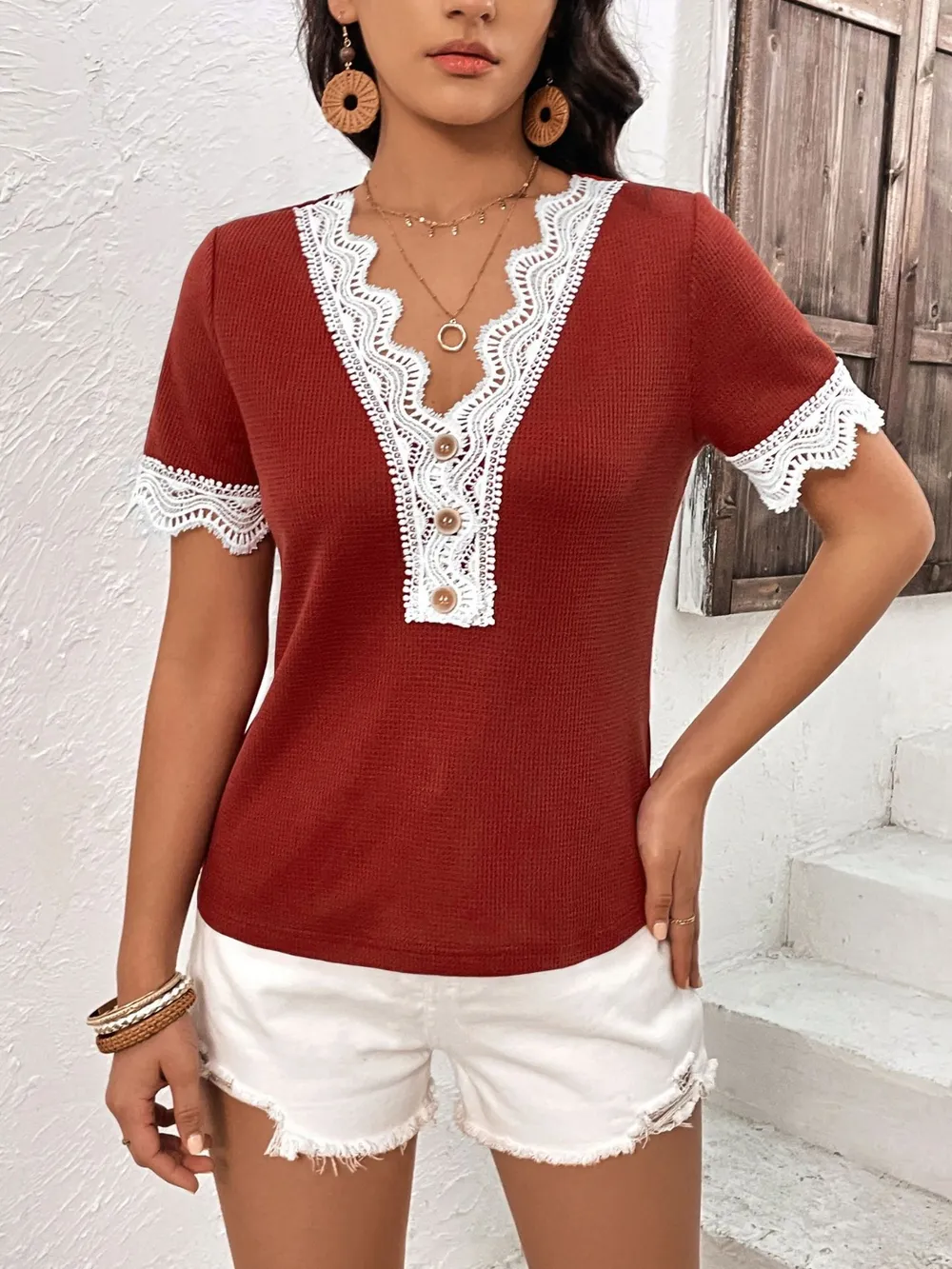 Lace Detail V-Neck Short Sleeve T-Shirt, image 3
