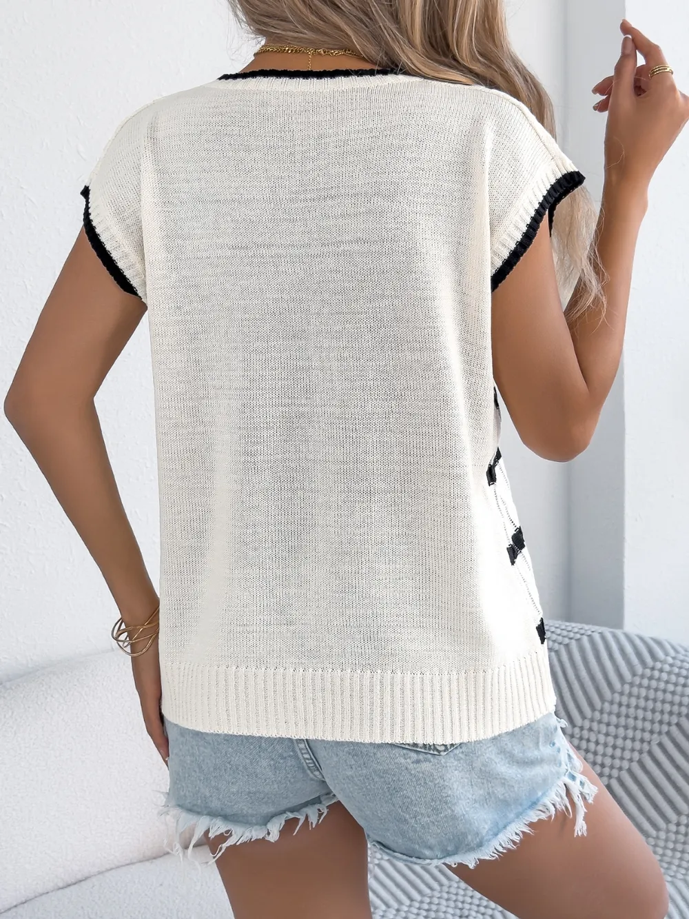 Cable-Knit Striped Round Neck Knit Top, image 5