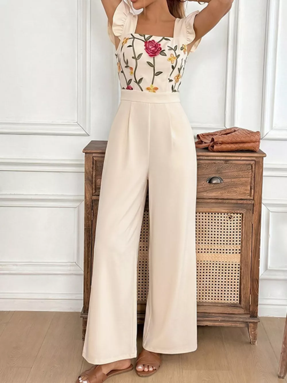 Floral Embroidered Ruffle Trim Jumpsuit, image 3