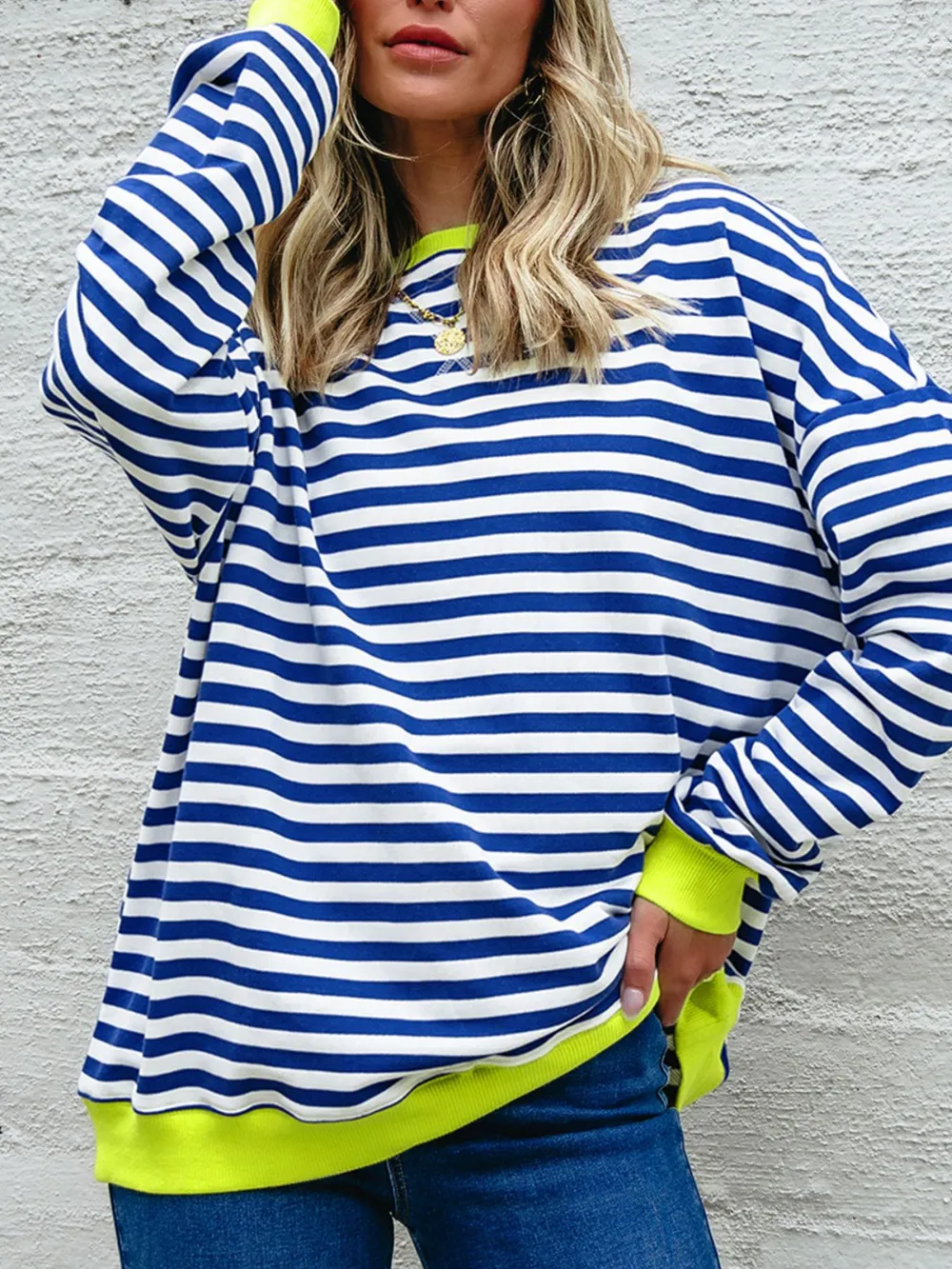 Striped Contrast Ribbed Trim Drop Shoulder Sweatshirt, image 5