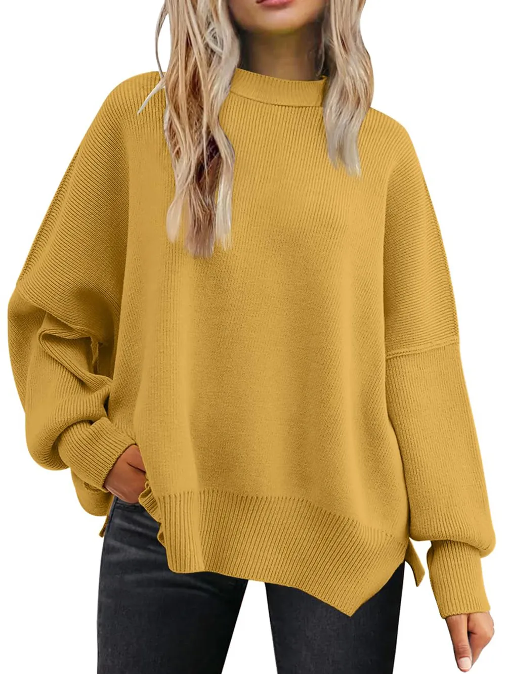 Slit Round Neck Dropped Shoulder Sweater, image 29