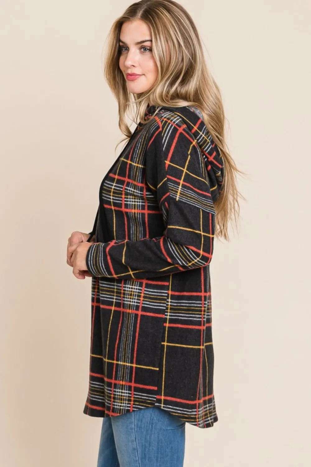 Drawstring Plaid Long Sleeve Hoodie, image 3