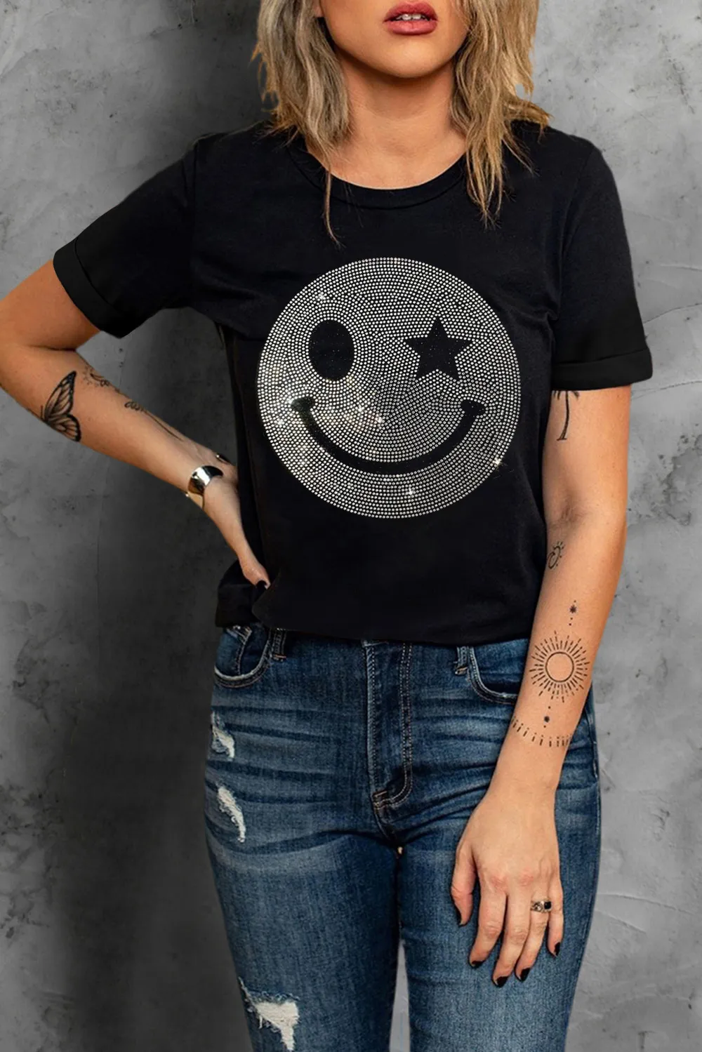 Rhinestone Smiley Round Neck Short Sleeve T-Shirt, image 4