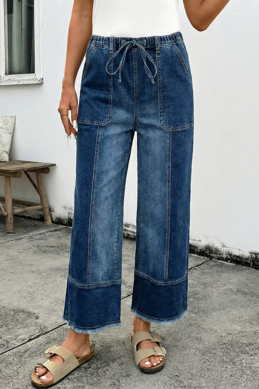 Drawstring Seam Detail Raw Hem Wide Leg Denim Pants, image 6
