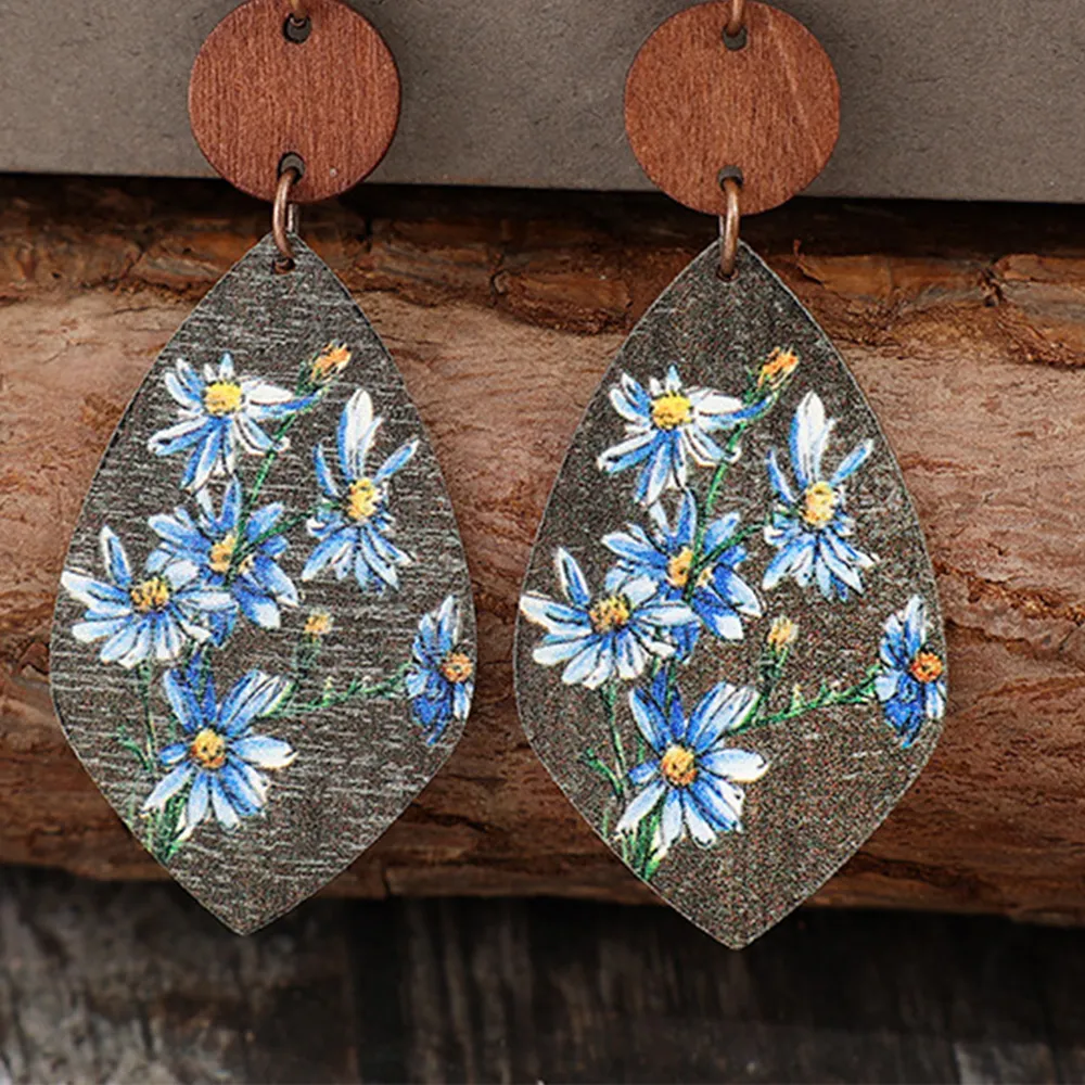 Flower Geometrical Shape Wooden Earrings, image 3