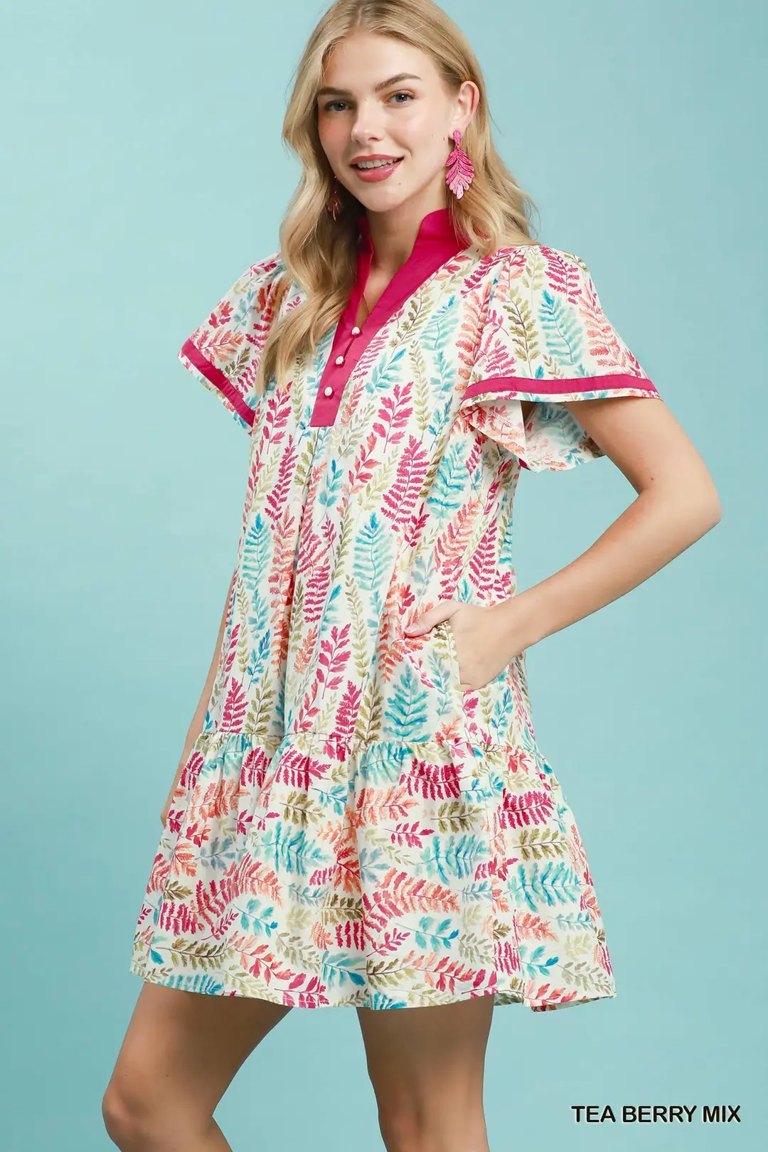Leaf Print Flutter Sleeve Tiered Mini Dress, image 2