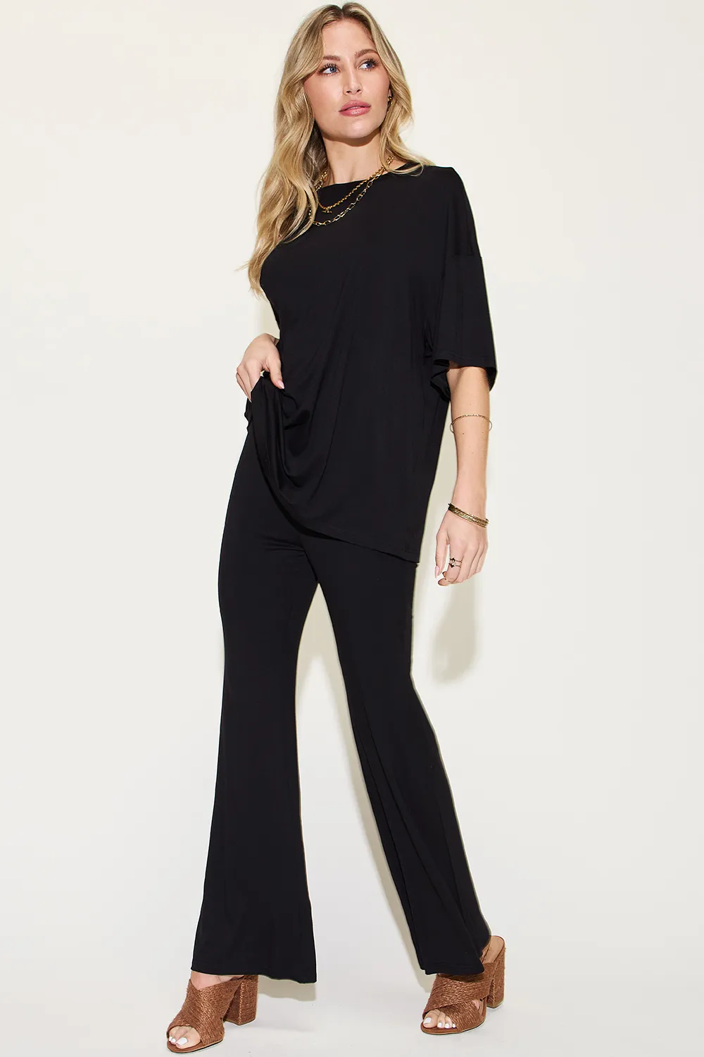 Full Size Bamboo Drop Shoulder T-Shirt and Flare Pants Set, image 3