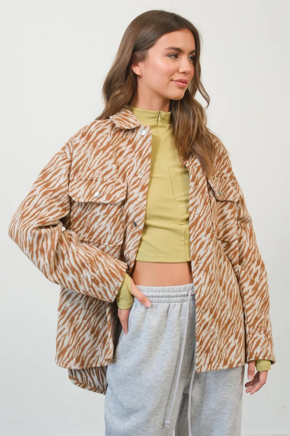 Zebra Print Snap Down Long Sleeve Shacket, image 3