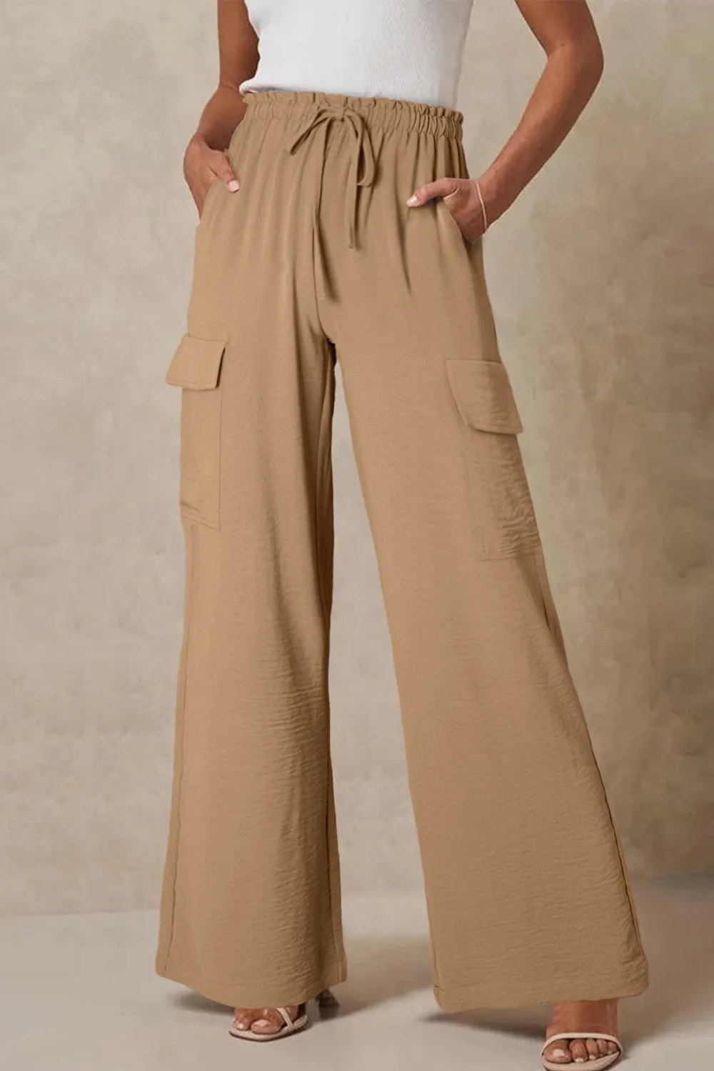 Drawstring Frilled Waist Wide Leg Utility Trousers, image 6