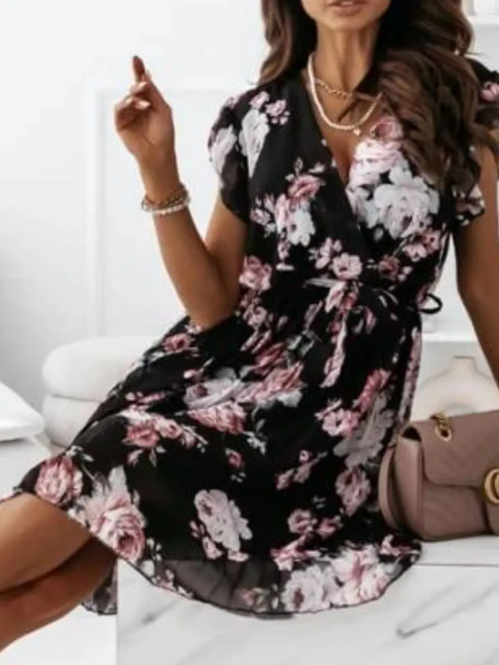 Floral Surplice Ruffled Cap Sleeve Dress, image 5