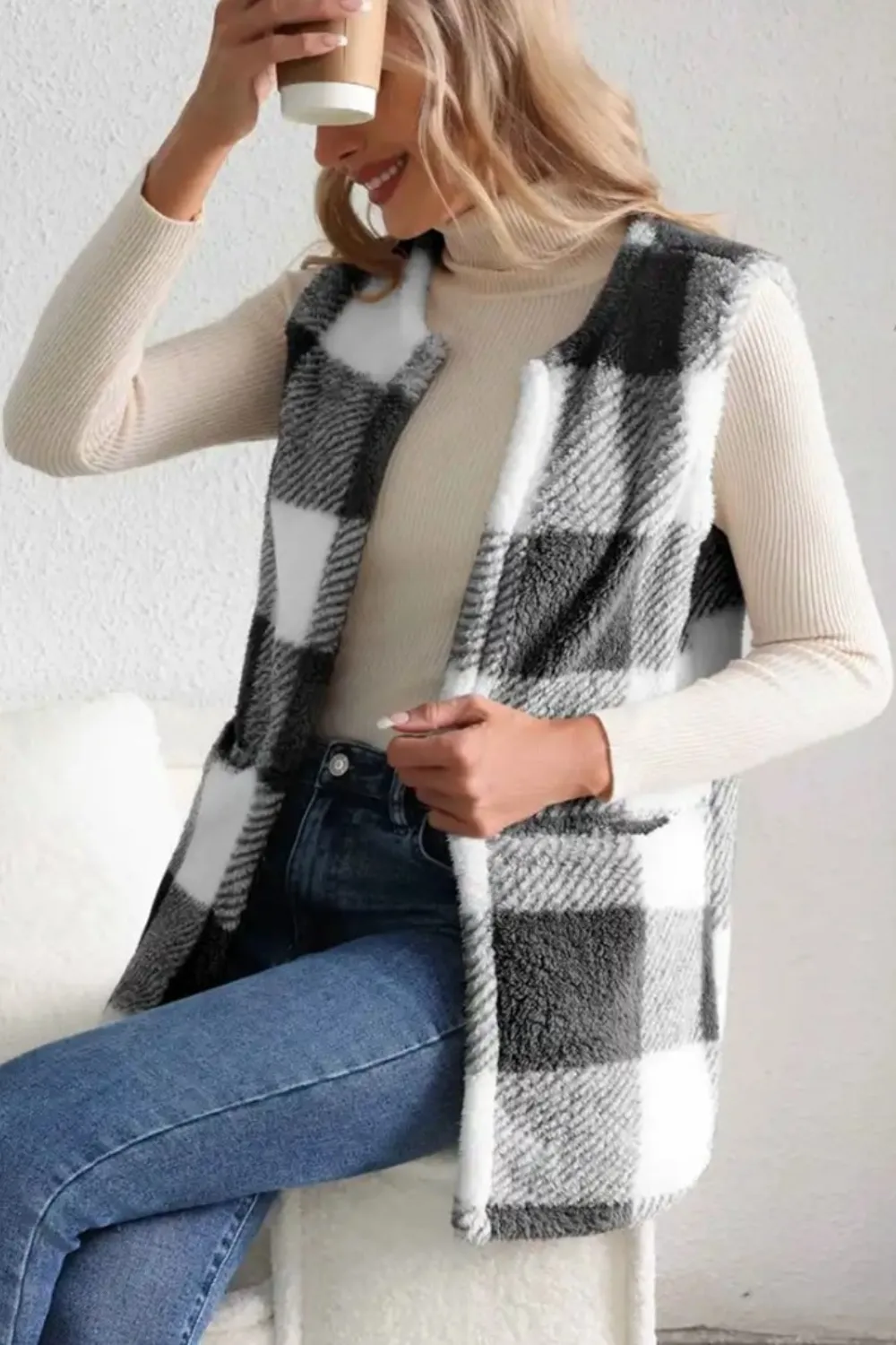 Sherpa Plaid Open Front Vest Coat, image 4
