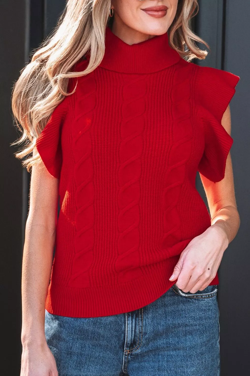 Cable Knit Turtleneck Ruffled Short Sleeve Sweater, image 2