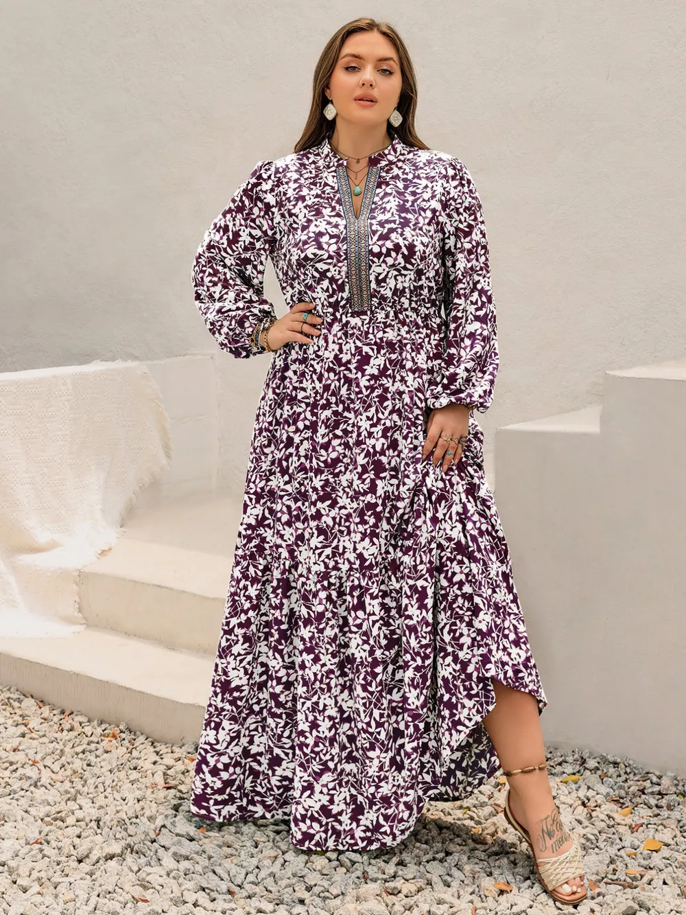 Plus Size Floral Print Maxi Dress with Long Sleeves, image 2