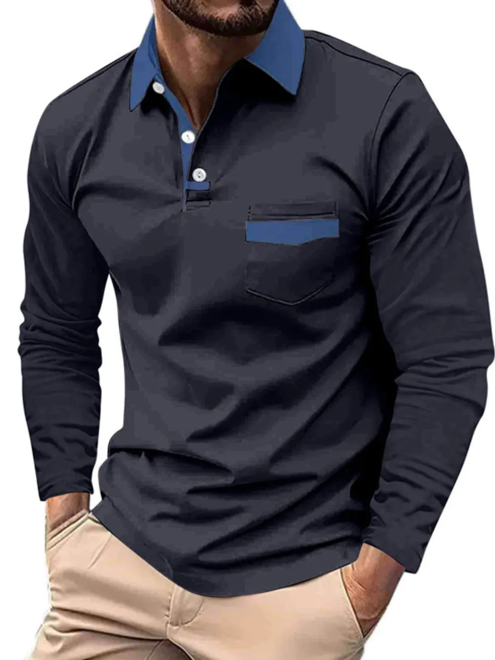 Men's Full Size Button Detail Long Sleeve Polo Plus Size, image 4