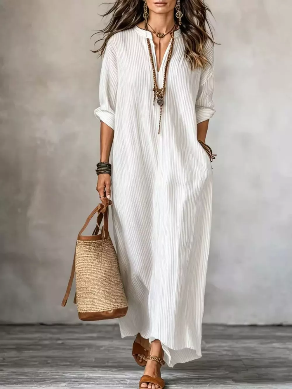 Full Size Striped Notched Maxi Dress with Pockets Plus Size, image 9