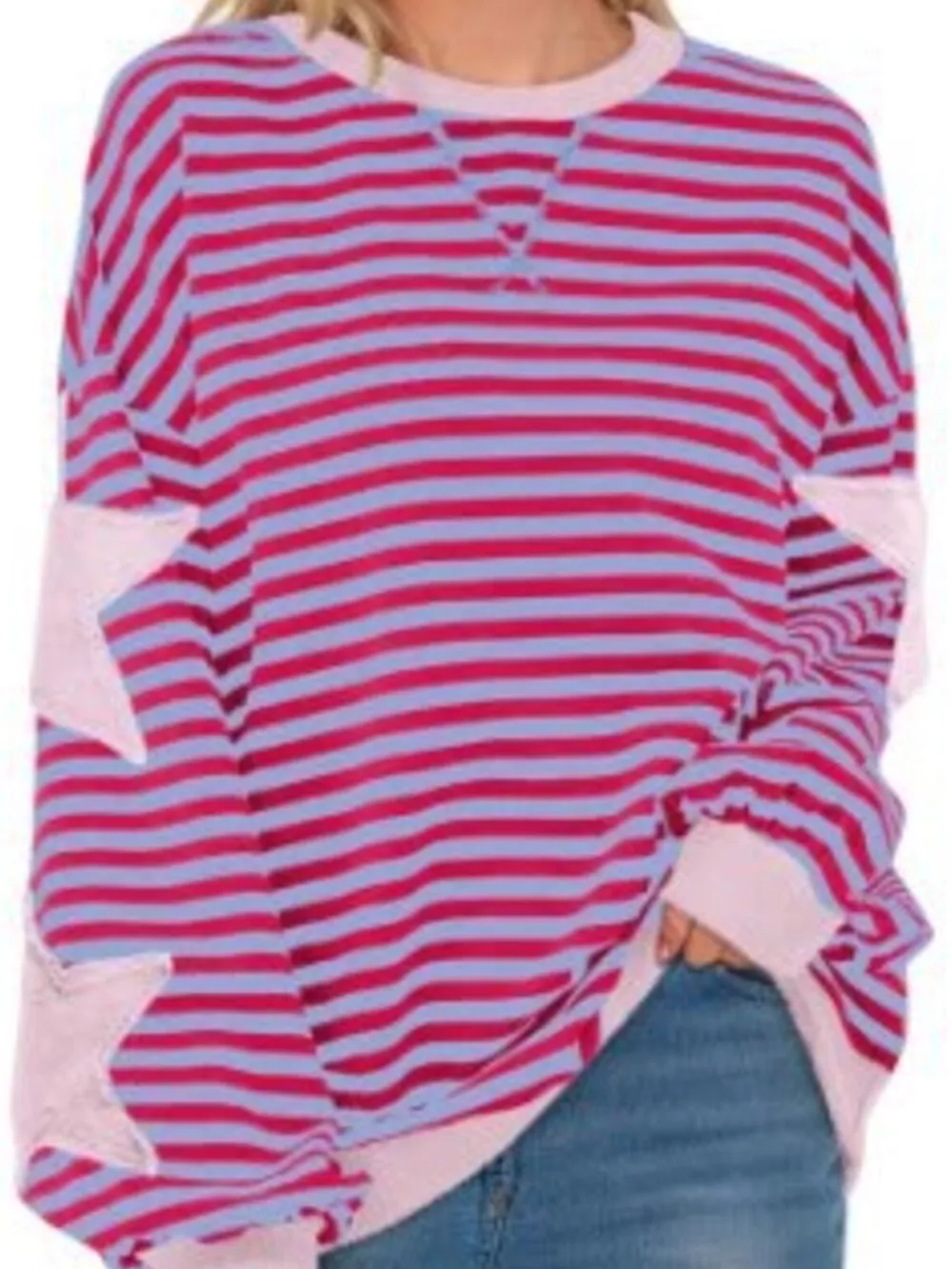 Full Size Star Patch Striped Oversized Sweatshirt Plus Size, image 17