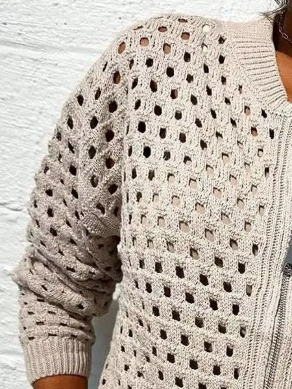 Full Size Zip Up Long Sleeve Cardigan with Eyelet Detail Plus Size, image 6