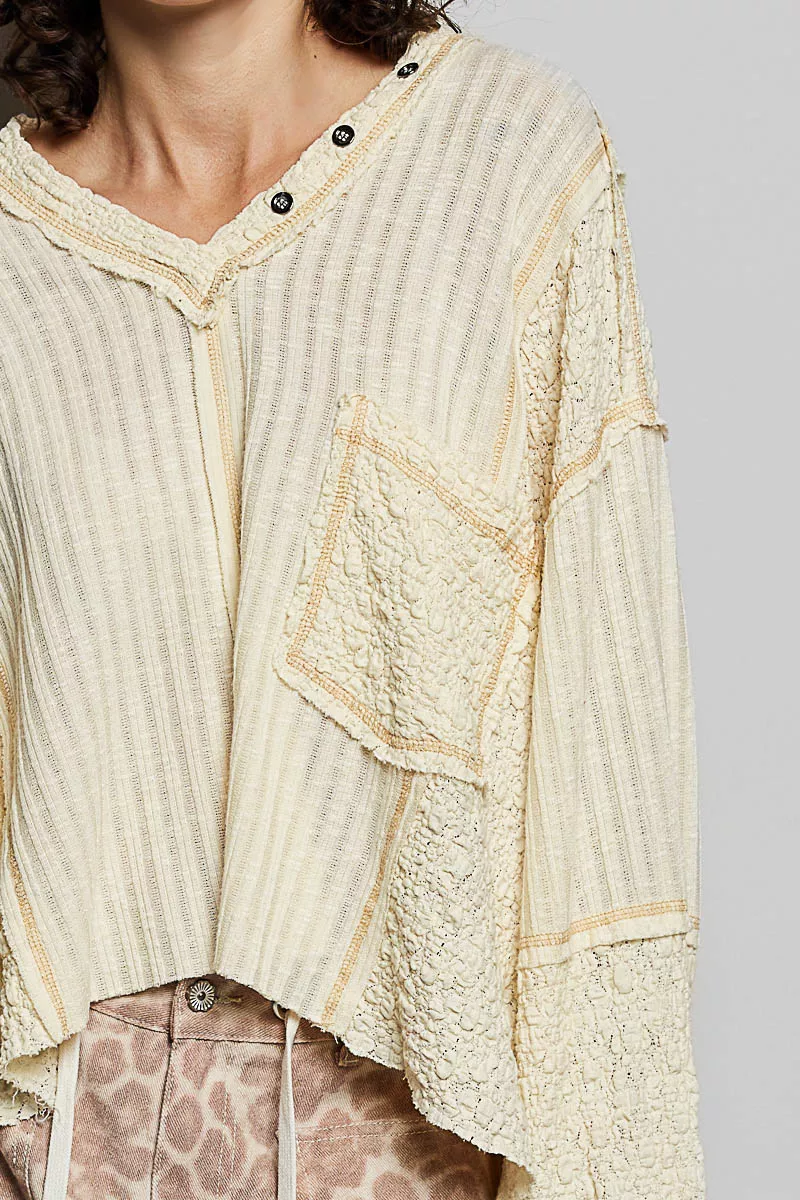 V-Neck Long Sleeve Top with Stitch Detail, image 3