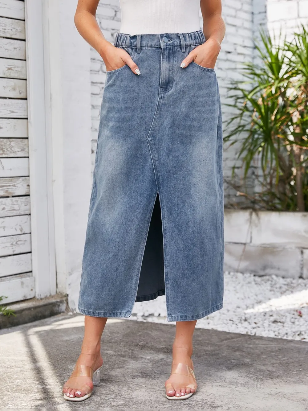 Slit Midi Denim Skirt with Pockets, image 3