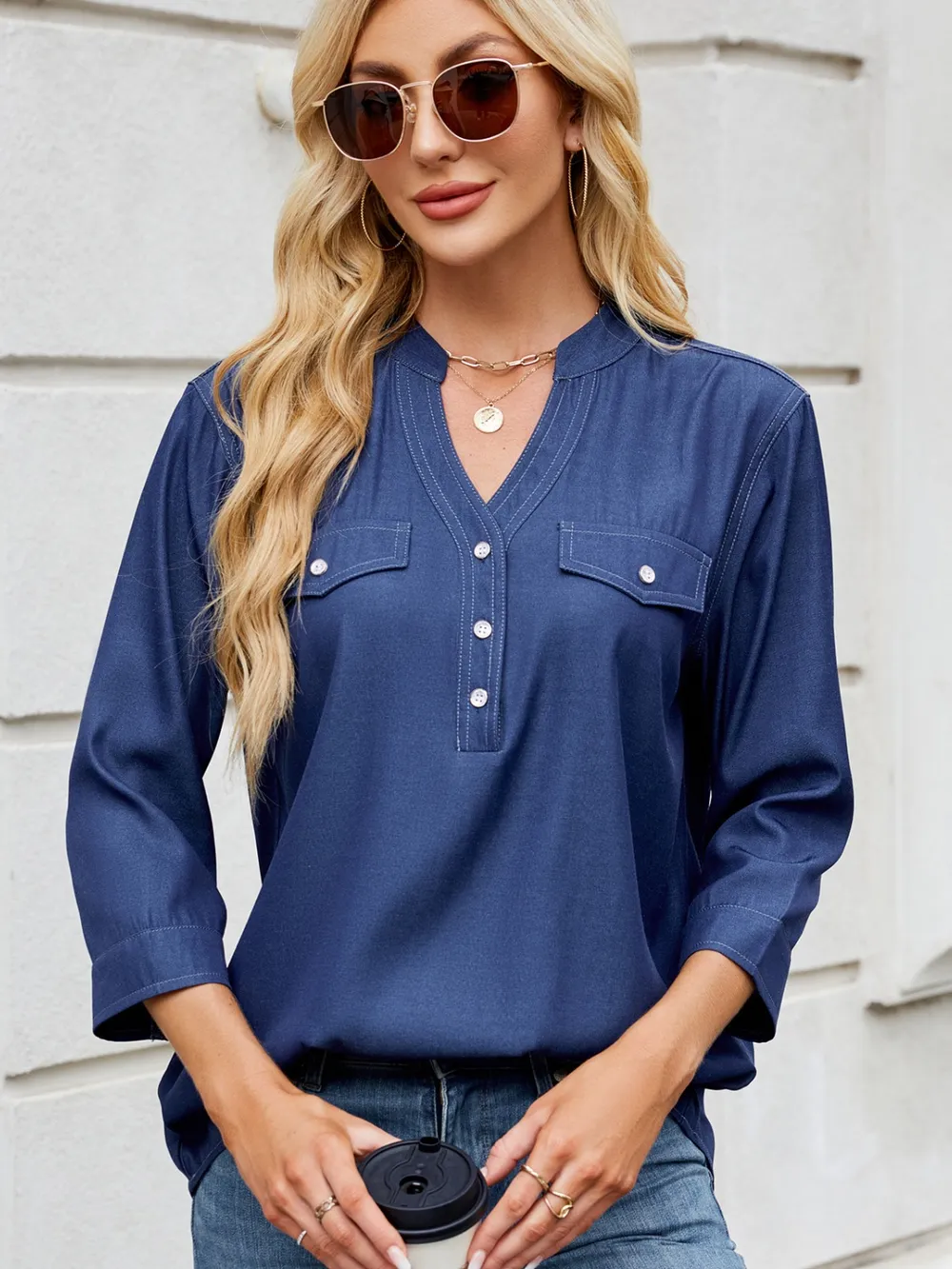 Notched Three-Quarter Sleeve Denim Top, image 2