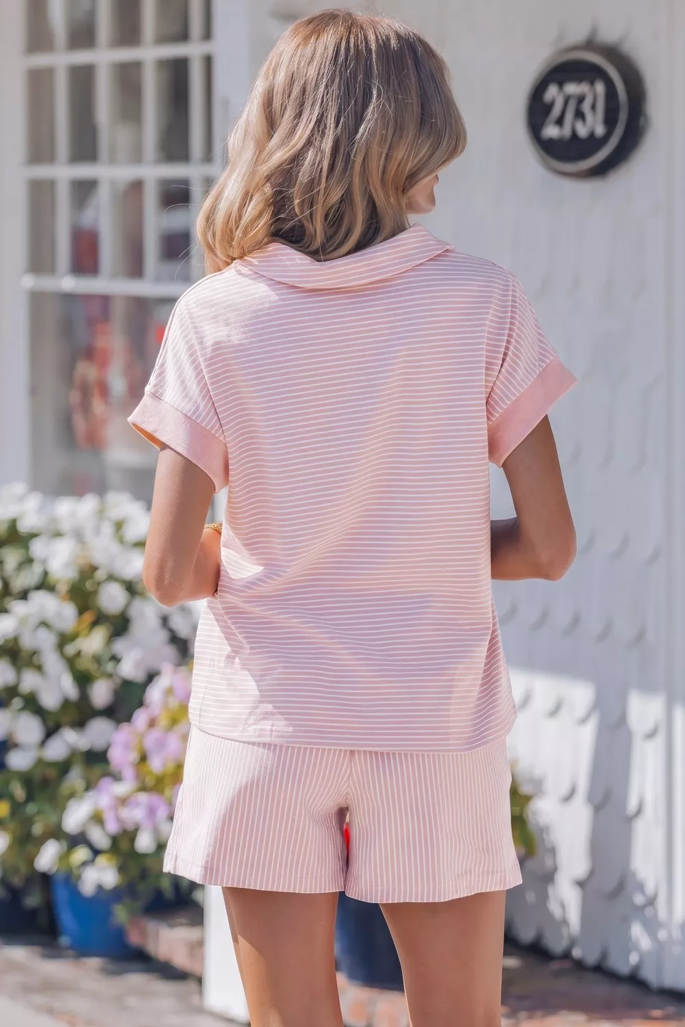 Stripe Dolman Sleeve Polo Shirt and Drawstring Shorts Set, image 3