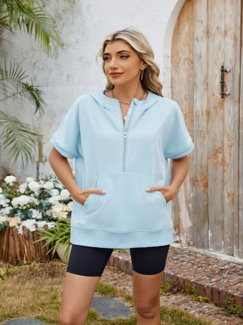 Half Zip Short Sleeve Hooded Top, image 6